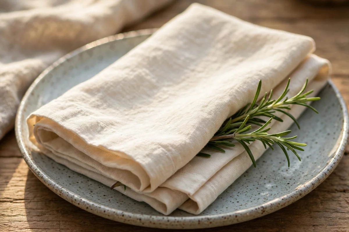 Folded linen napkin with a fresh rosemary sprig on a plate