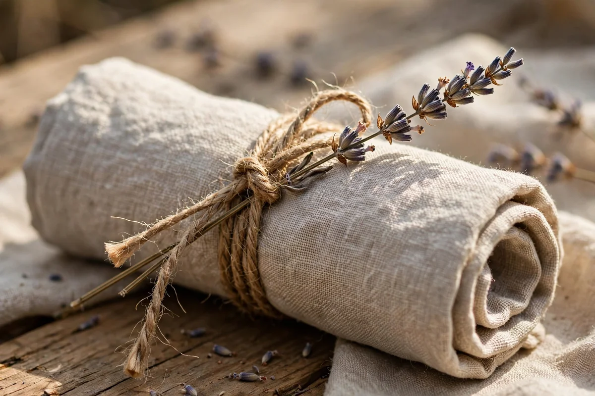Rolled linen napkin tied with twine and a dried lavender stem