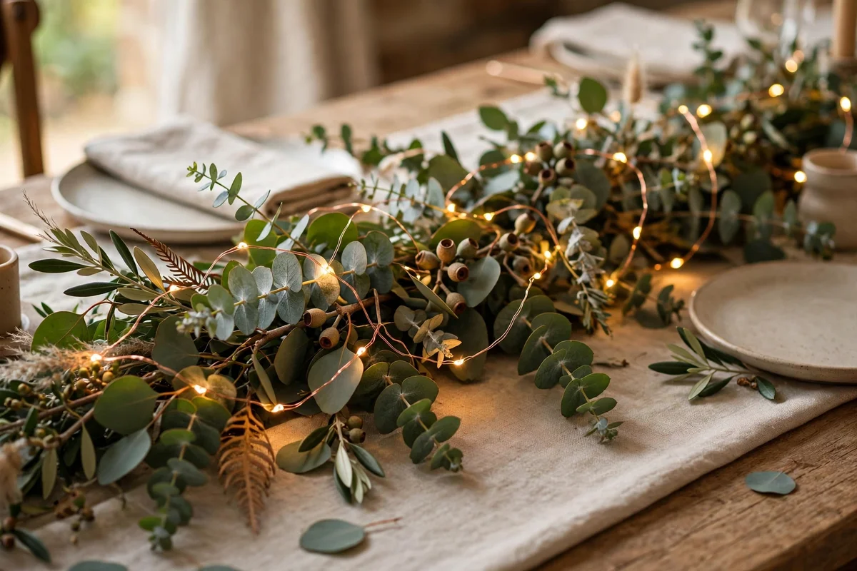 Warm white fairy lights woven through eucalyptus garland