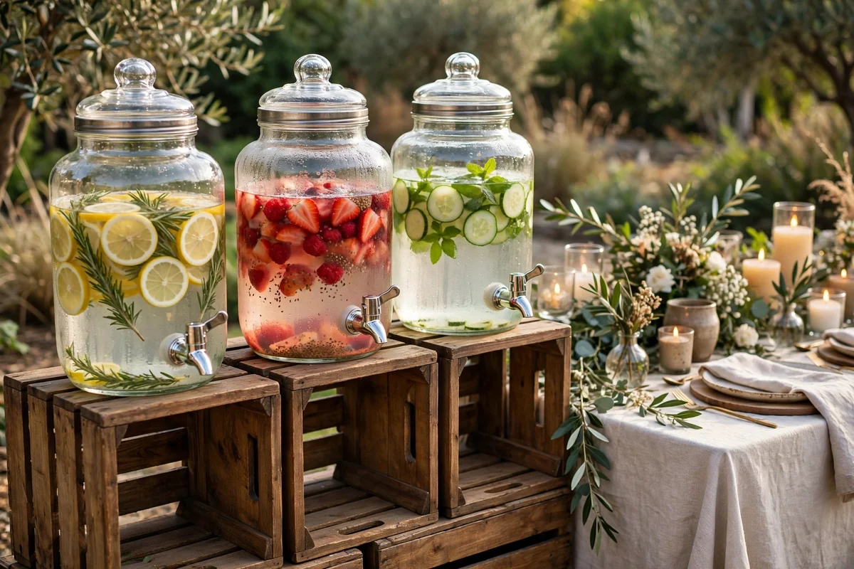 Glass drinks dispensers raised on wooden crates