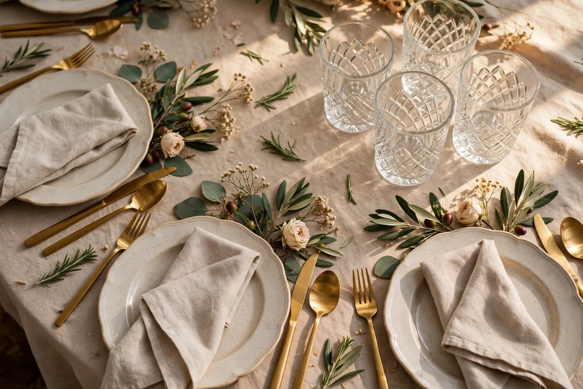 Plain pressed-glass tumblers at wedding place settings