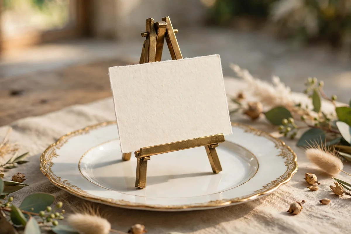 Handwritten place card in a mini brass easel on a plate