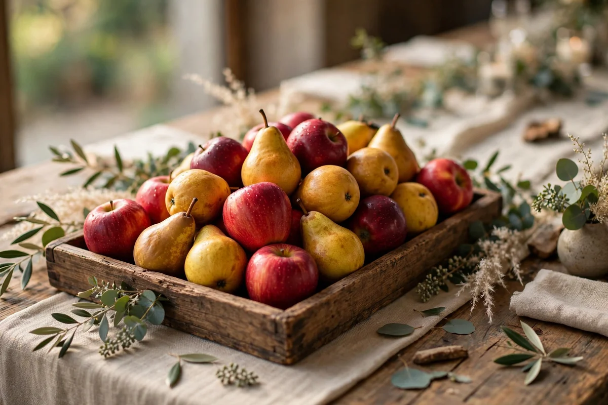 Low wooden tray of red apples and golden pears
