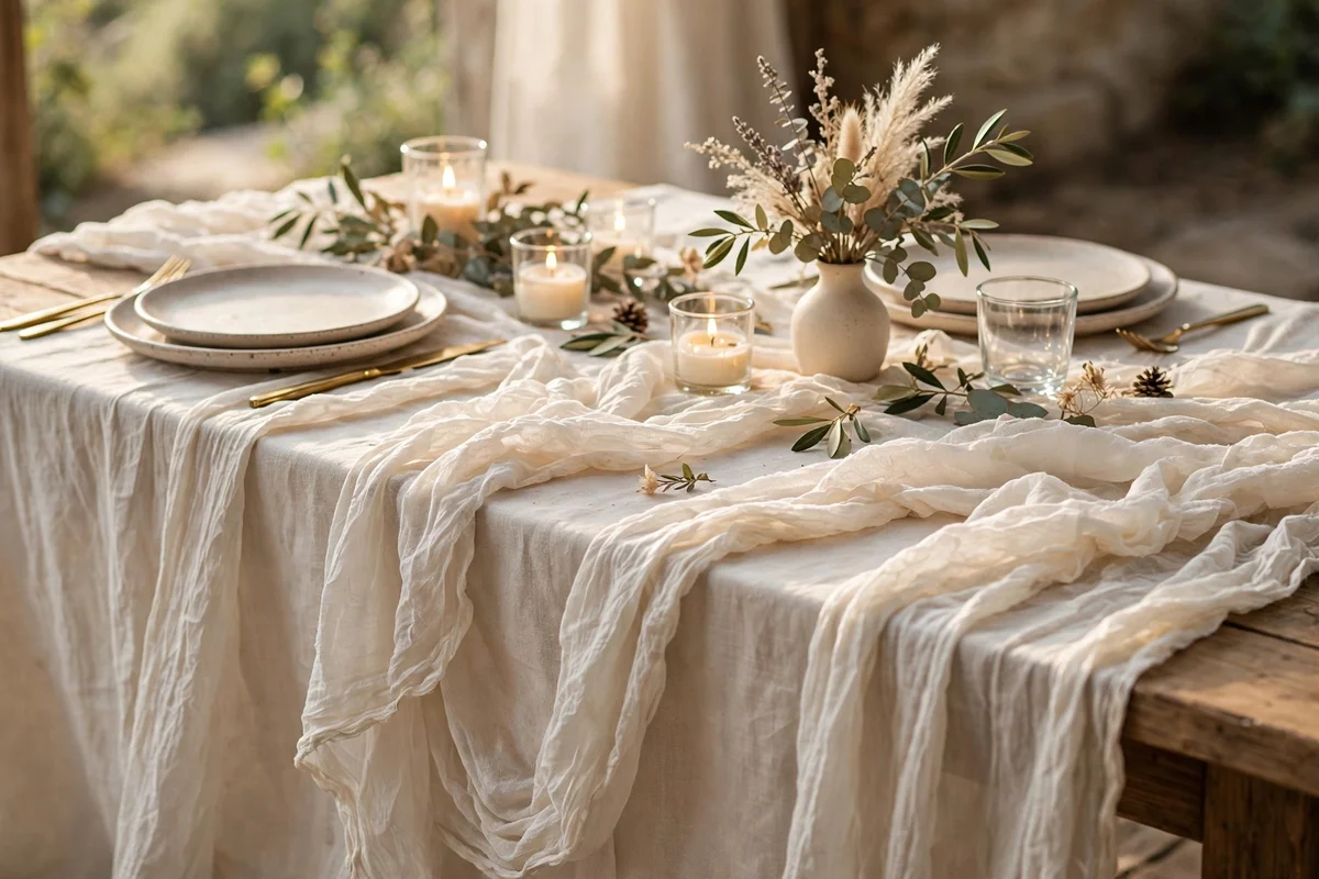 Soft gauze overlay draped over a cream linen cloth
