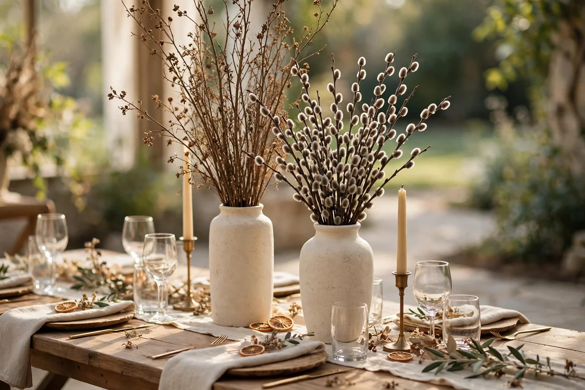 Tall dried branches in cream stoneware vases