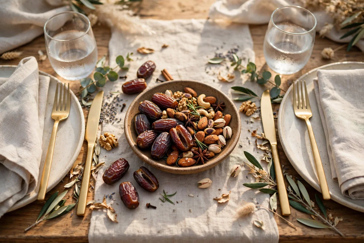 Small bowl of dates and spiced nuts between settings