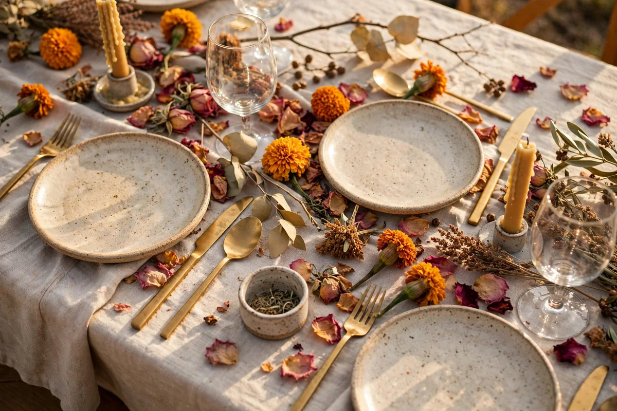 Dried rose petals and marigold heads scattered between plates