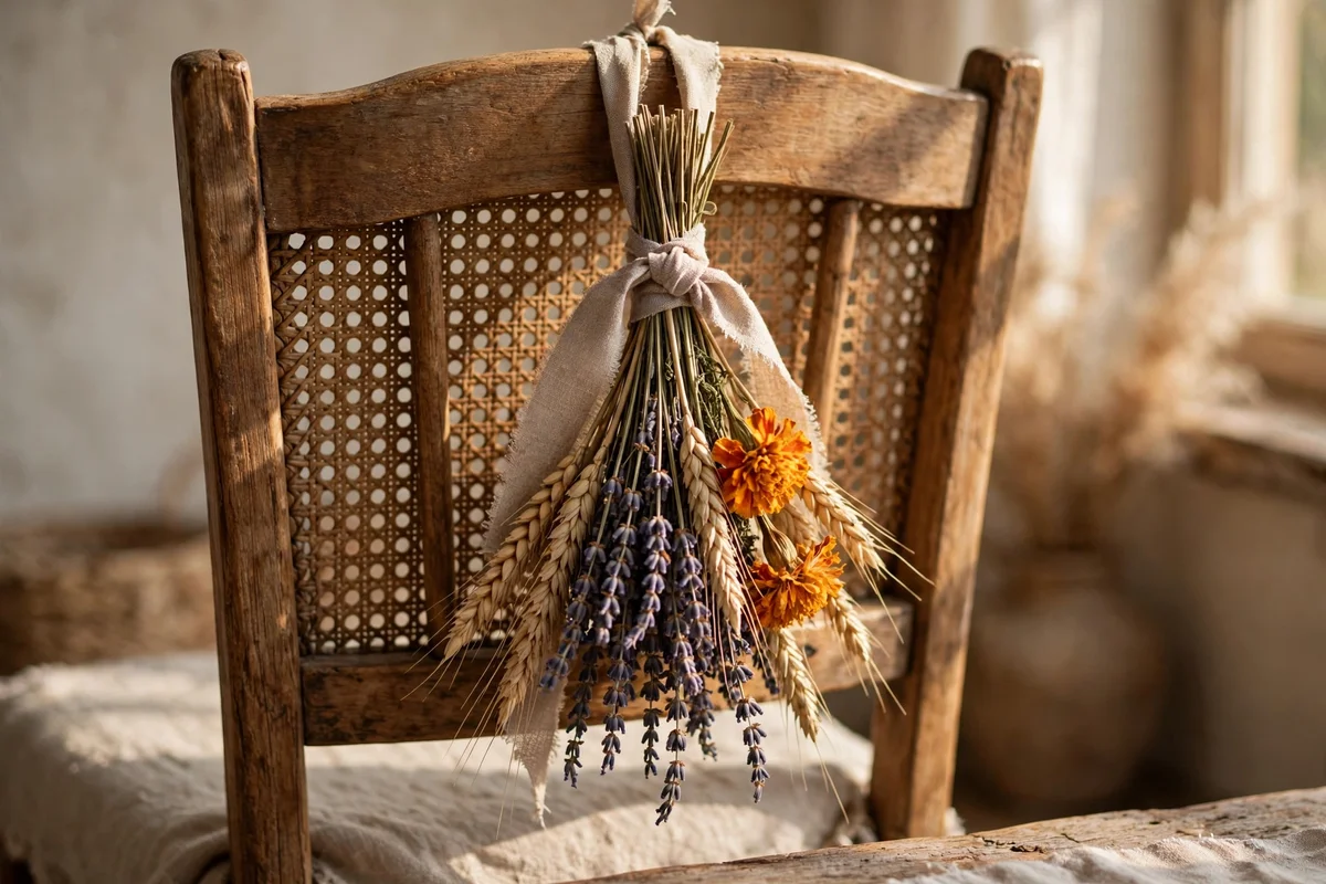Dried flower posy tied with ribbon on a chair back