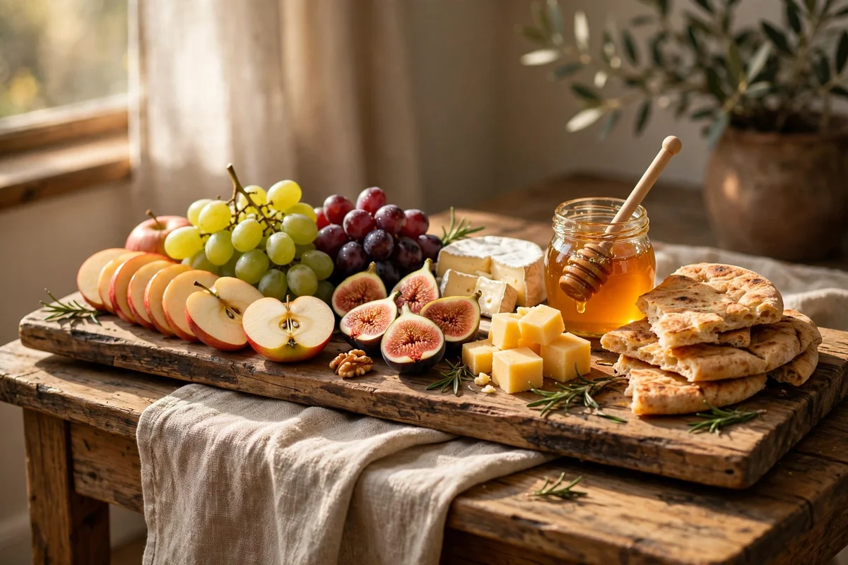 Wooden grazing board of fruit, honey and flatbread