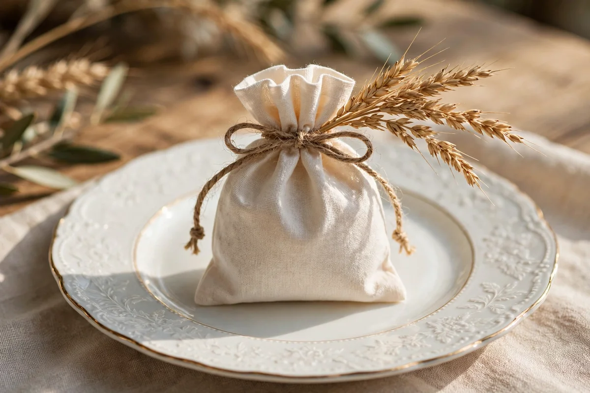 Small harvest favour pouch tied with twine on a plate
