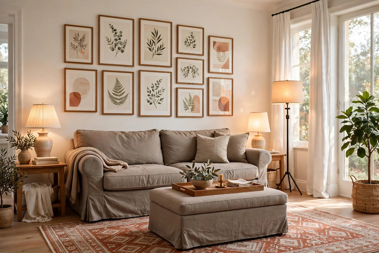 Elegant family room with a slipcovered sofa, storage ottoman, layered lamps, patterned rug and a gallery wall of botanical and abstract prints