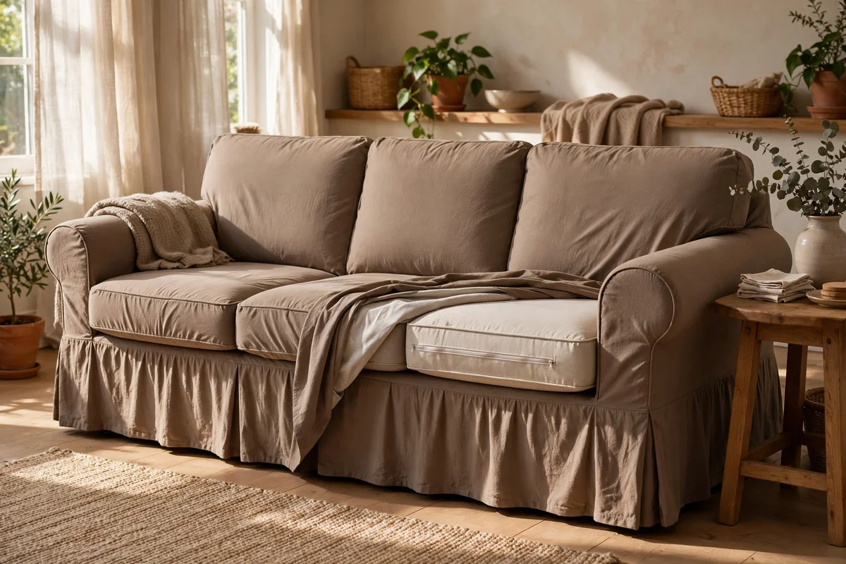Sofa dressed in a warm taupe washable slipcover in a bright family room