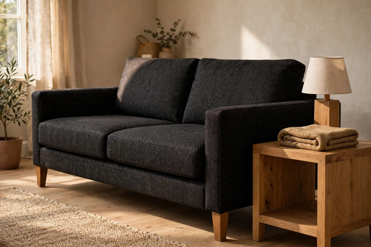 Family room sofa in a dark herringbone performance fabric beside a wooden side table