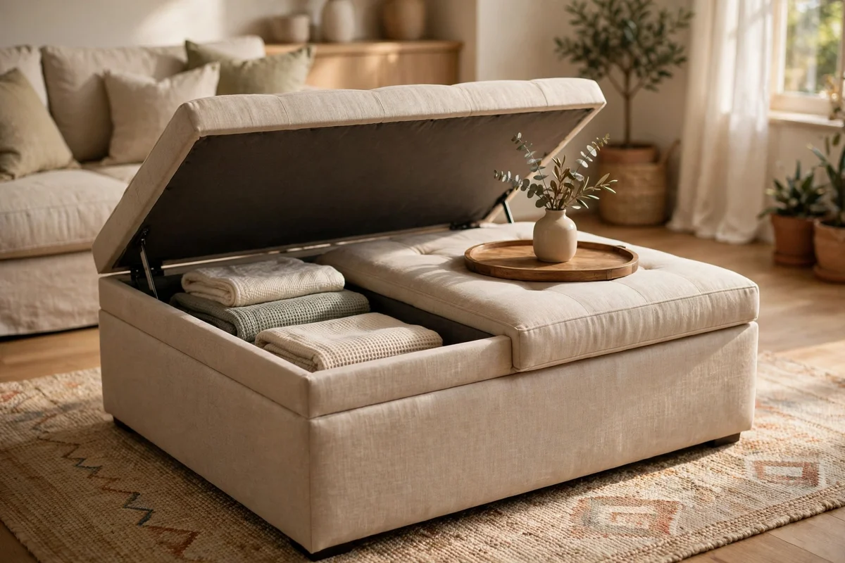 Upholstered storage ottoman with a wooden tray holding a small vase in a family room