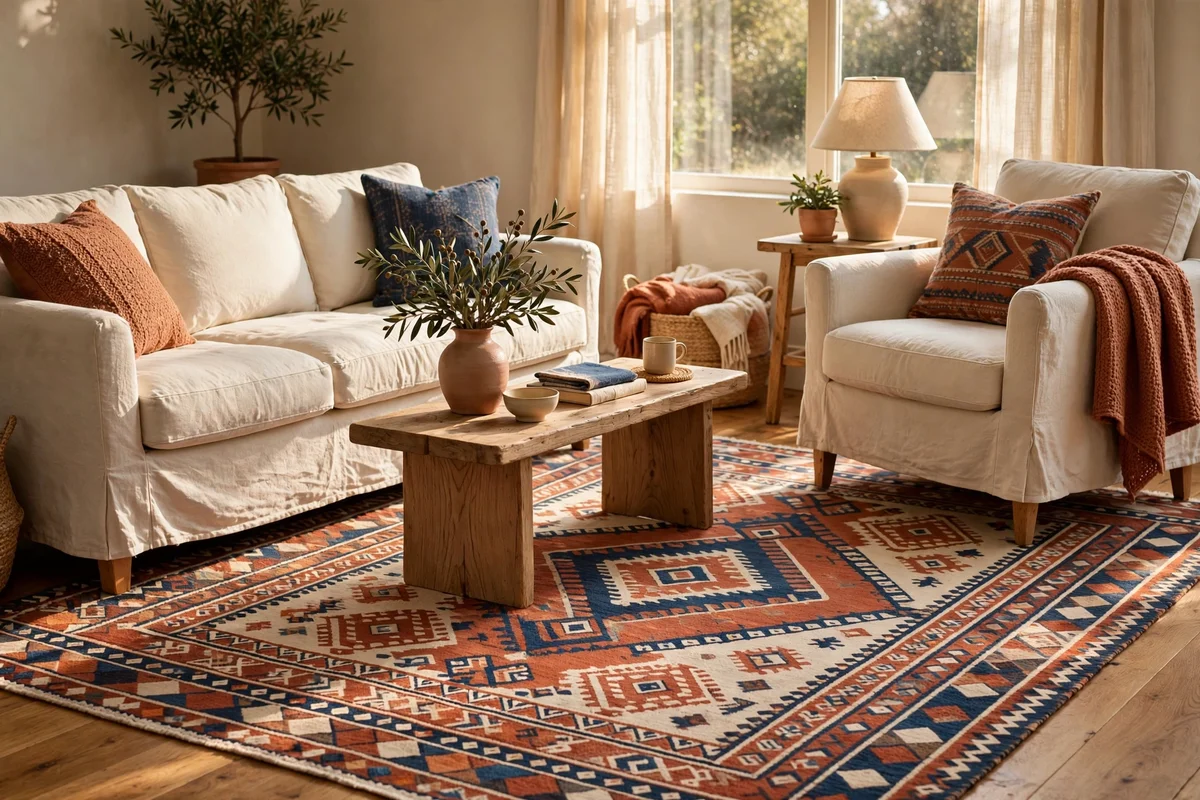 Patterned low-pile rug in terracotta and cream under a family room seating group