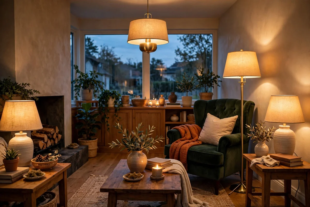 Family room at dusk with a pendant light, floor lamp and glowing table lamps