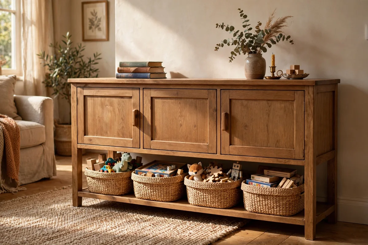 Low wooden sideboard with closed doors and lidded seagrass baskets of toys