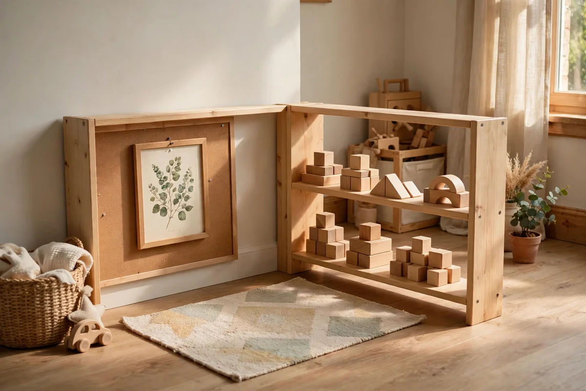 Cosy play corner with a low bookcase turned sideways and a small washable rug