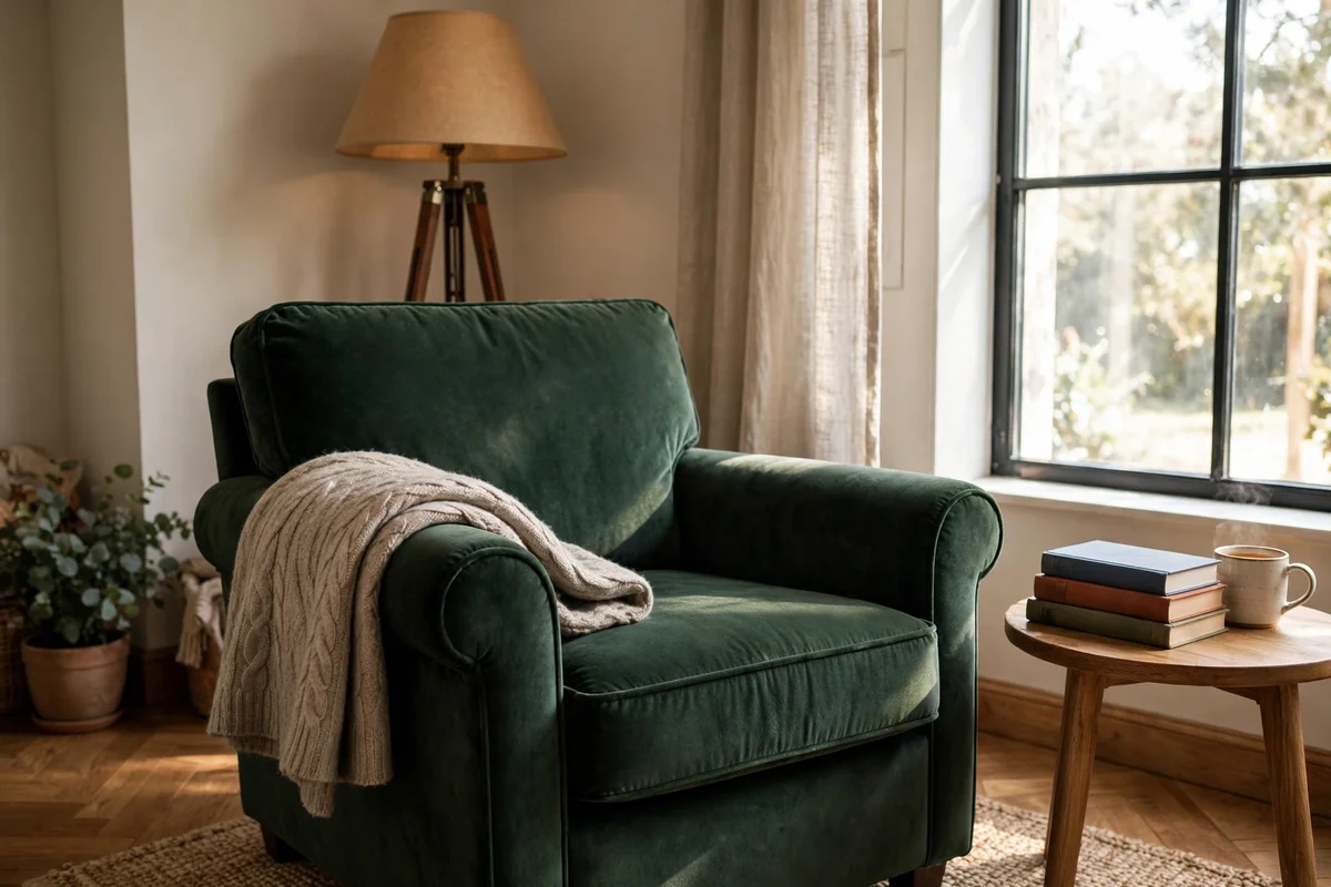 Deep armchair with a floor lamp, side table and folded wool throw in a sunny corner