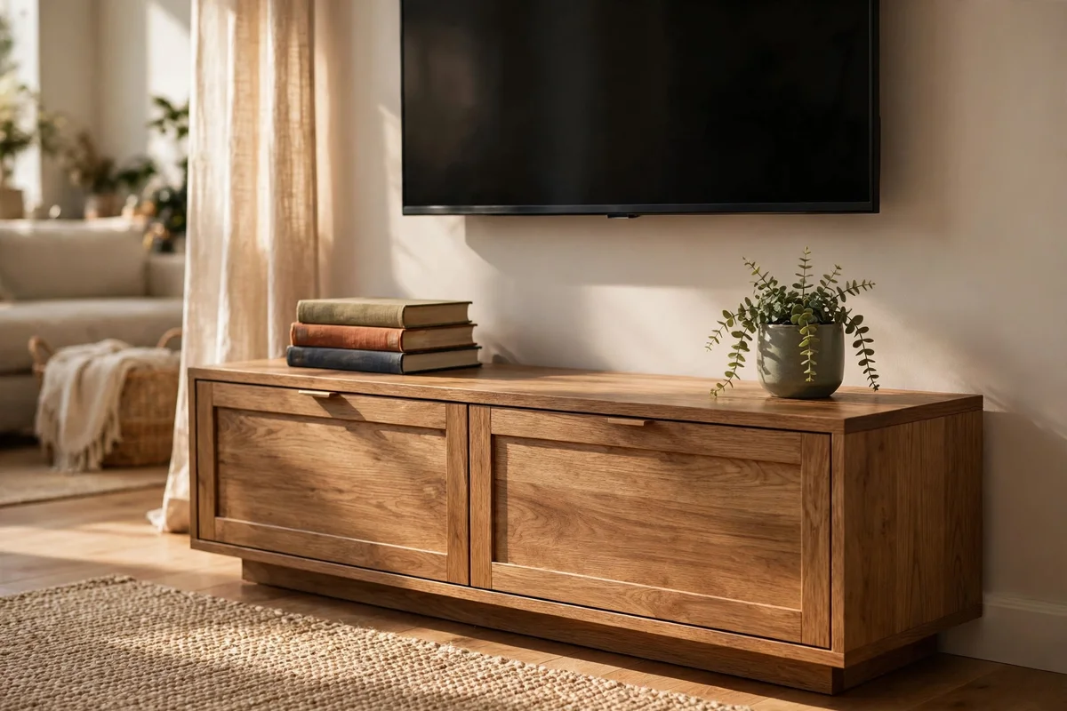 Low media console with closed doors, hidden cords and a wall-mounted television