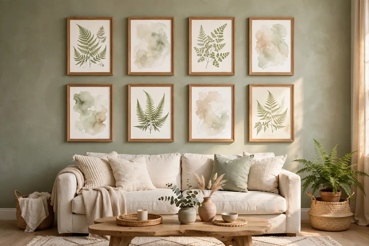Gallery wall of botanical and abstract art prints in matching oak frames