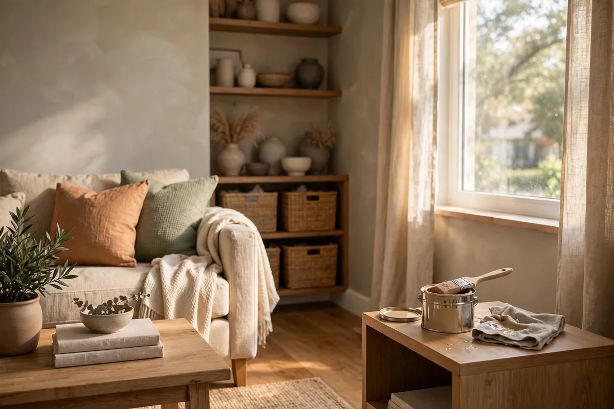 Family room walls painted in warm putty with a scrubbable satin finish