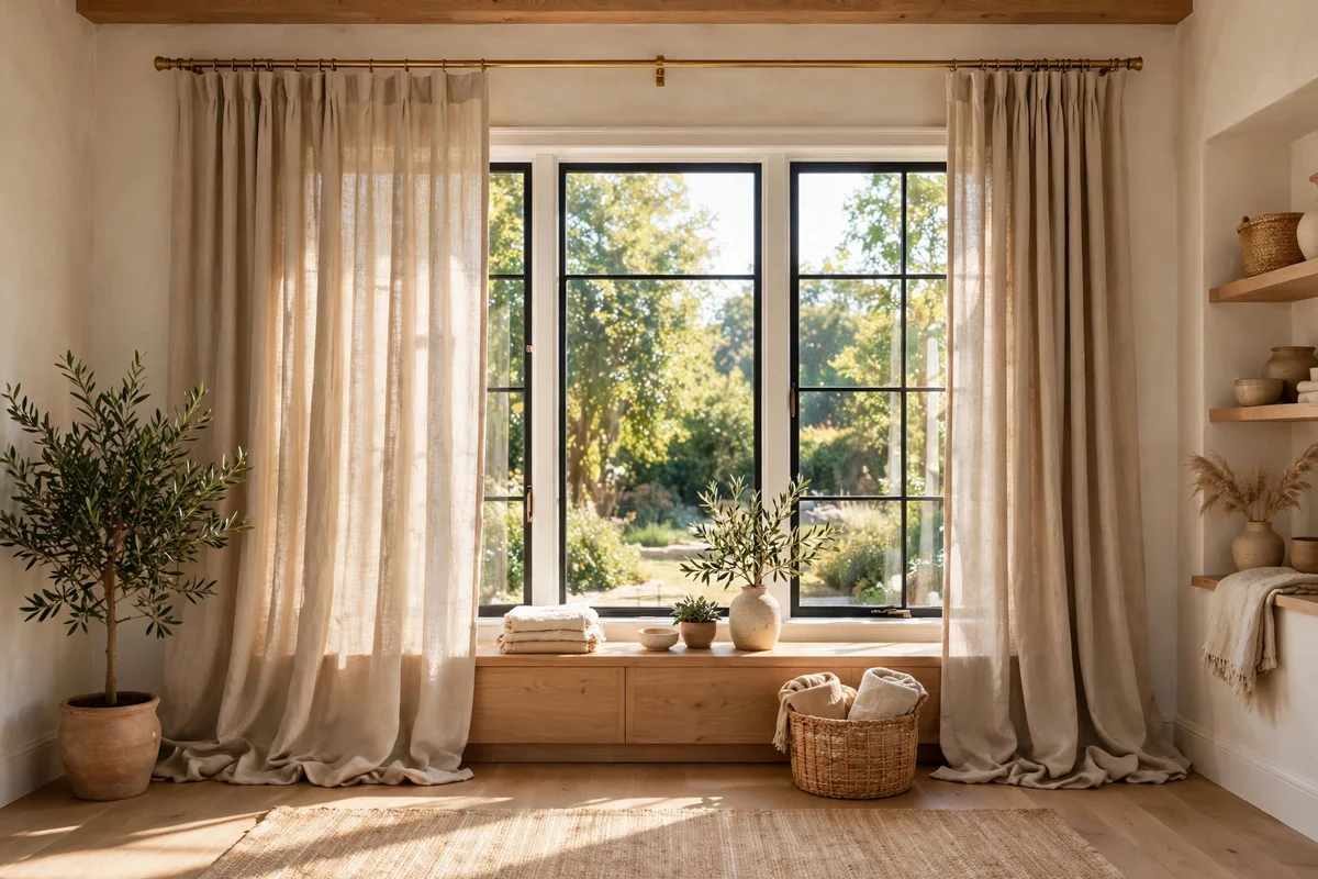 Washable linen curtains in warm neutral just kissing the floor of a family room