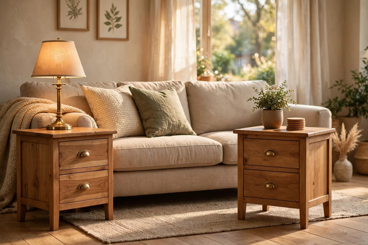 Pair of wooden side tables with drawers flanking a family room sofa