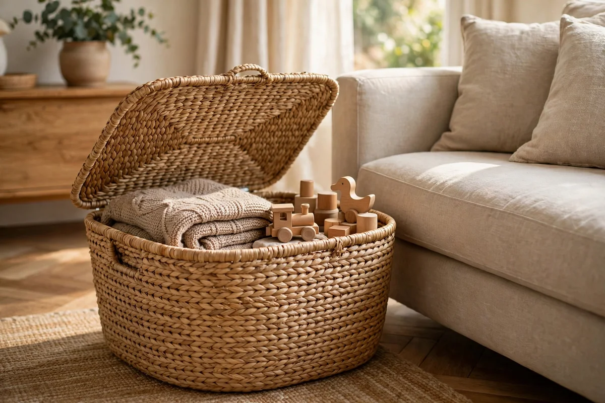 Handsome lidded seagrass basket parked beside a family room sofa