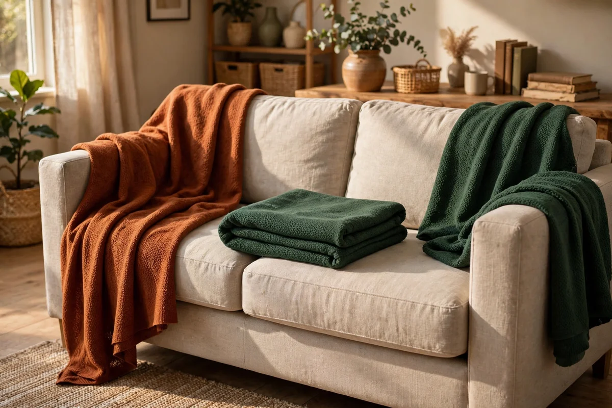 Washable throws in rust and forest draped over the arms of a sofa