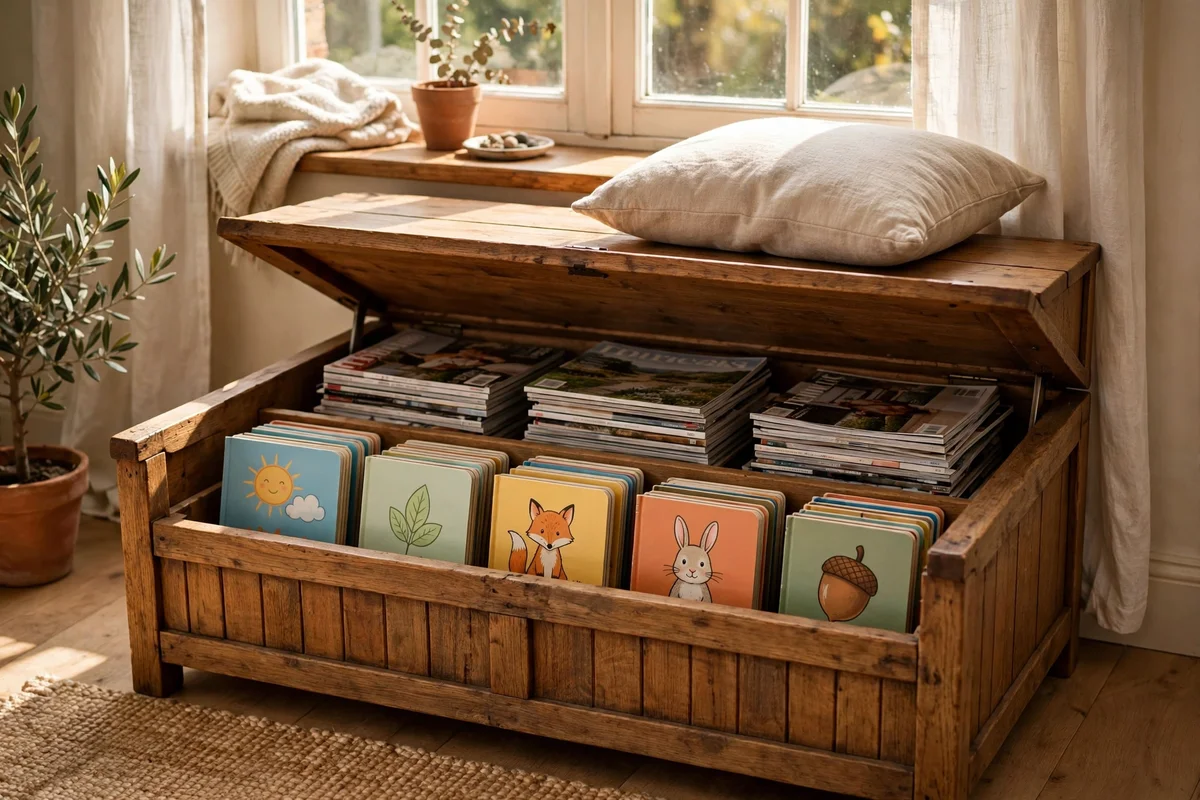 Low lidded wooden bench under a window holding board books and magazines