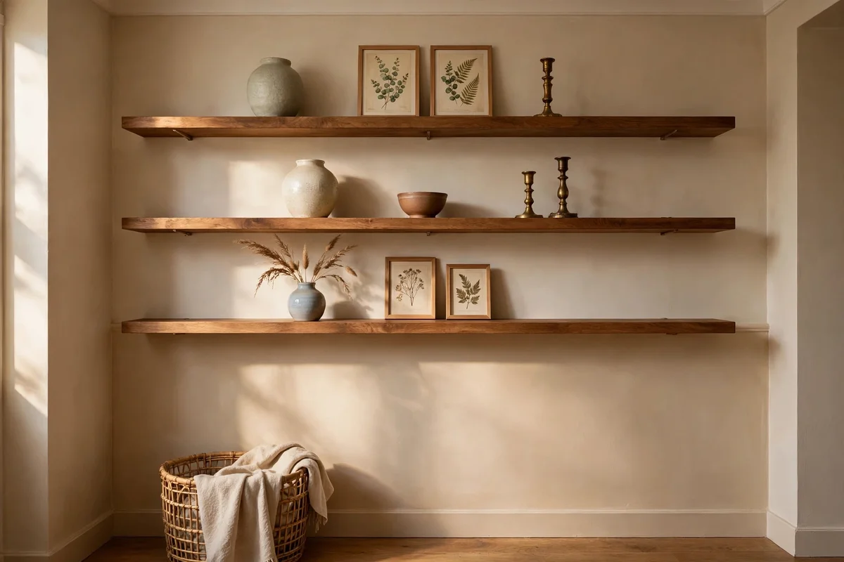 Wall-mounted wooden shelves above reach holding vases, candlesticks and small frames