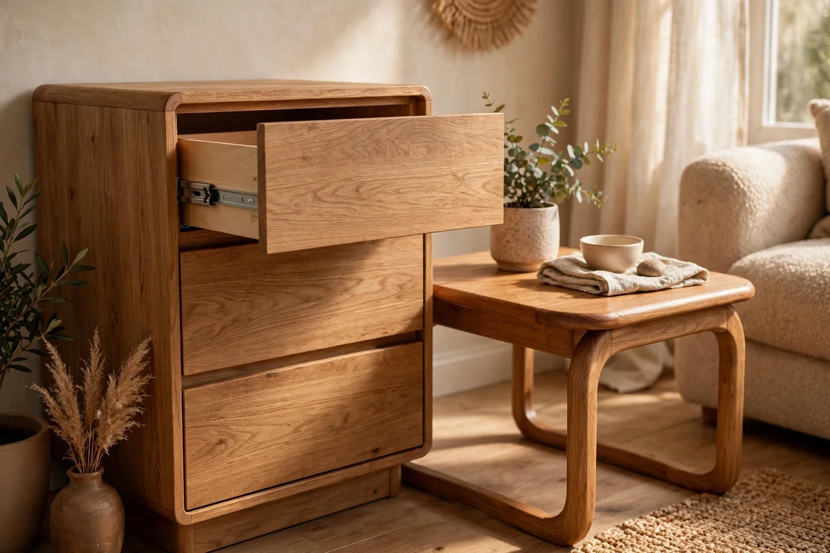 Family room cabinet with soft-close drawers and a rounded-edge wooden side table