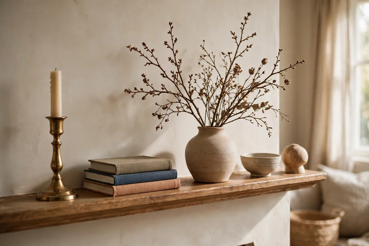 Styled mantel with a brass candlestick, stacked art books and a dried branch