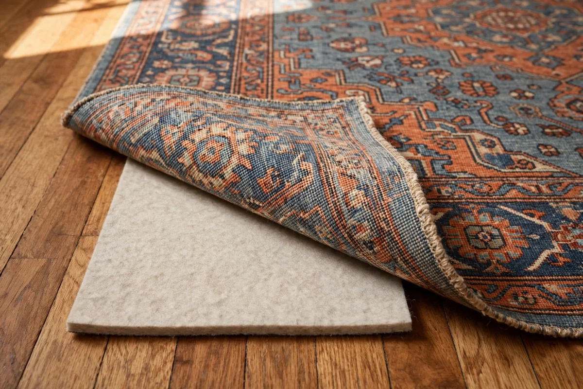 Thick rug pad being fitted under the edge of a patterned family room rug
