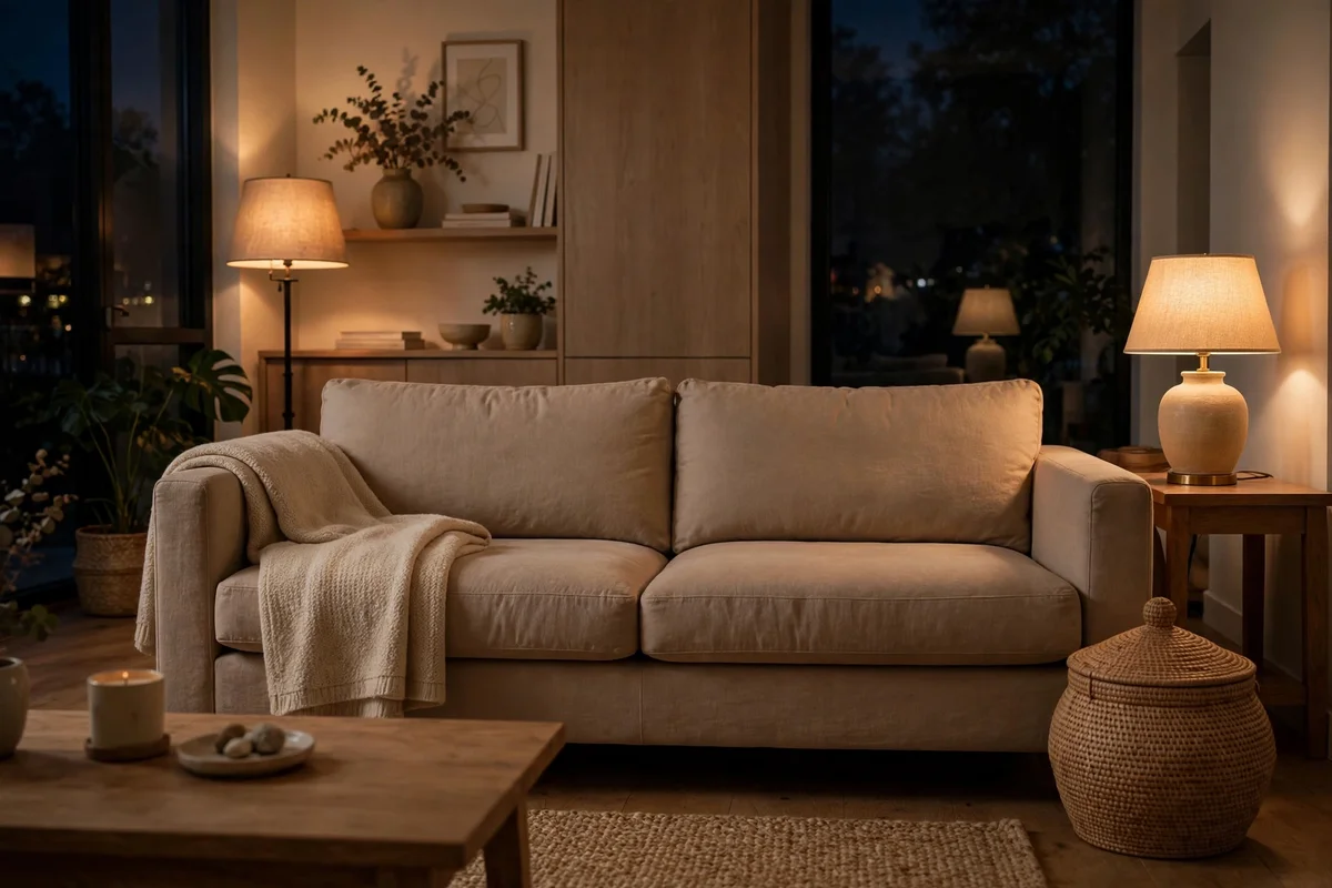 Calm family room at night with dimmed lamps and a folded throw on the sofa