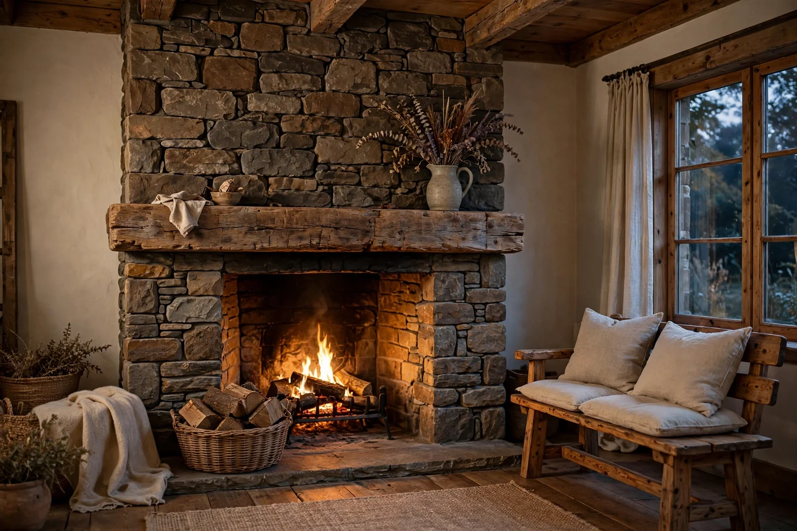 Farmhouse living room with a stone fireplace, reclaimed timber mantel beam and a basket of logs on the hearth