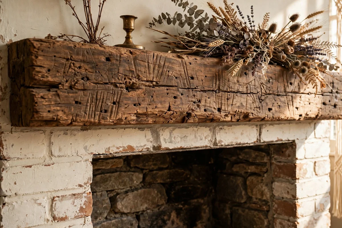 Reclaimed oak mantel beam mounted above a stone farmhouse fireplace