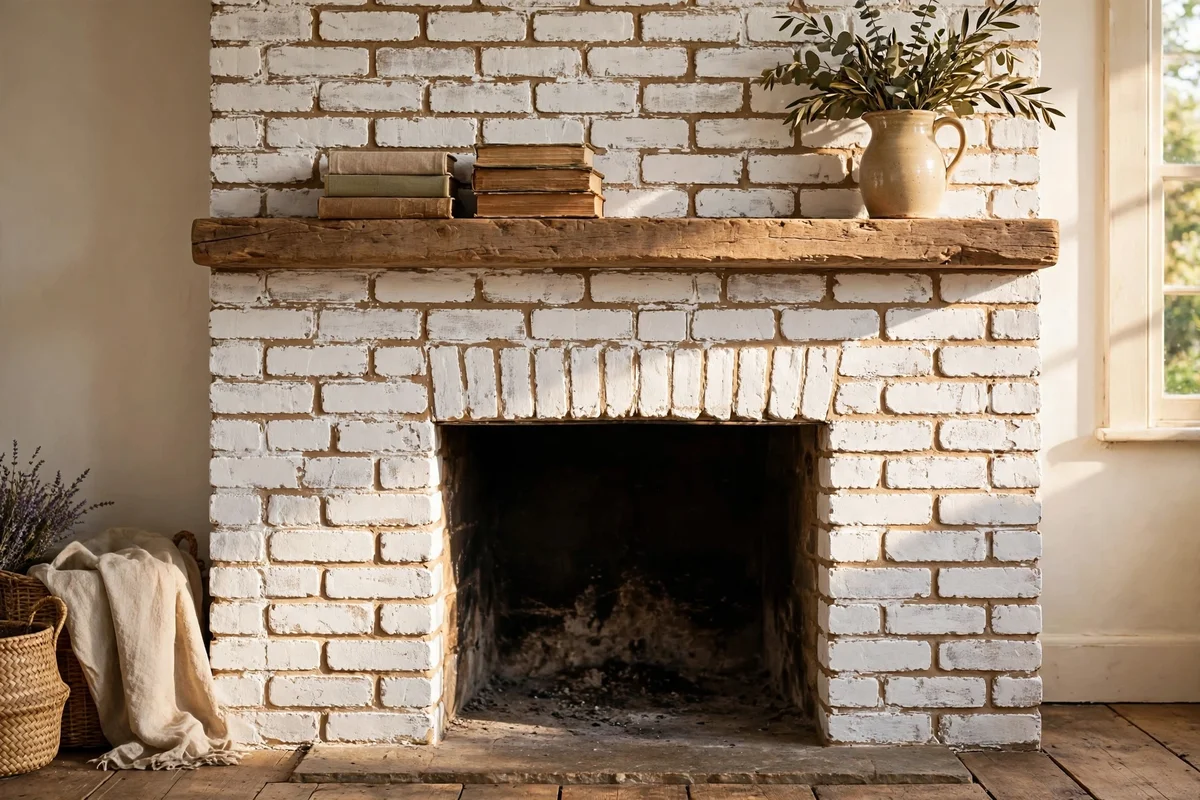Brick farmhouse fireplace painted in warm chalk white