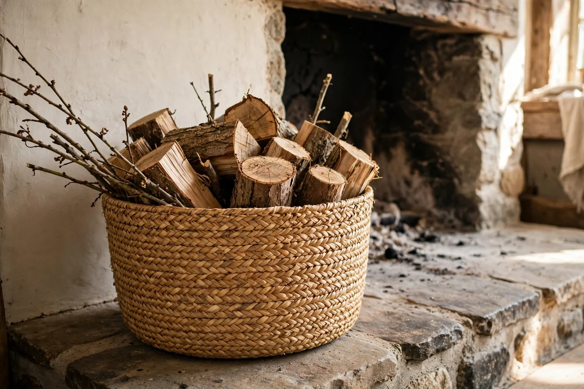 Woven basket of decorative logs styled on a stone fireplace hearth