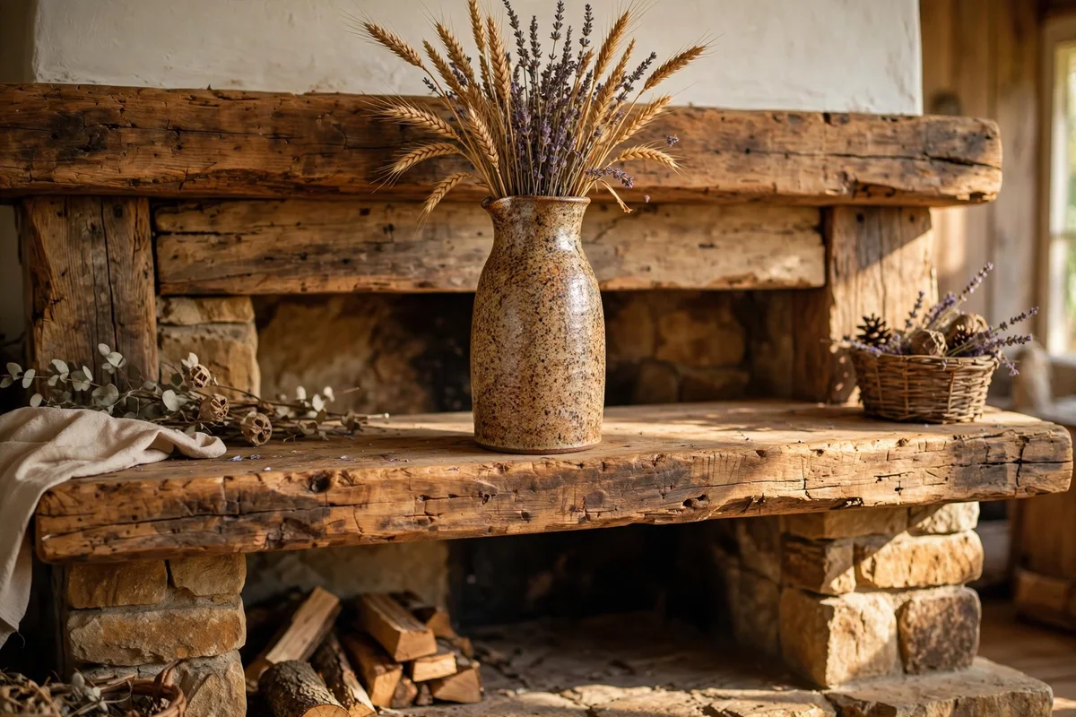 Stoneware pitcher with dried wheat and lavender on a timber mantel