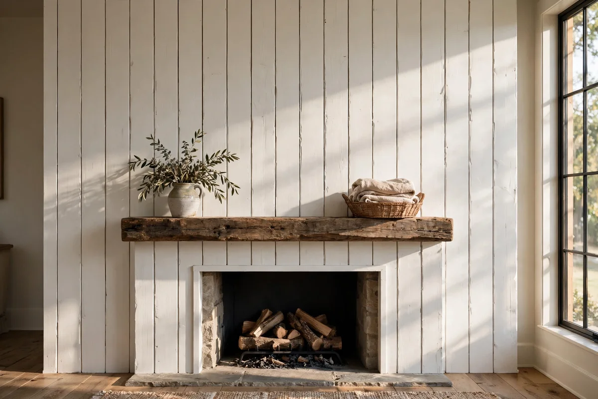 Vertical white shiplap cladding on a chimney breast above the mantel
