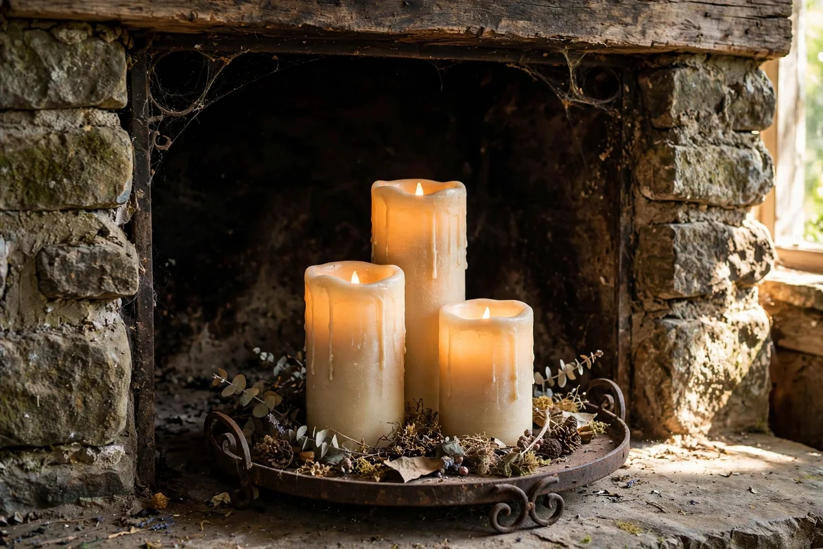 Flameless pillar candles glowing inside an unused fireplace firebox