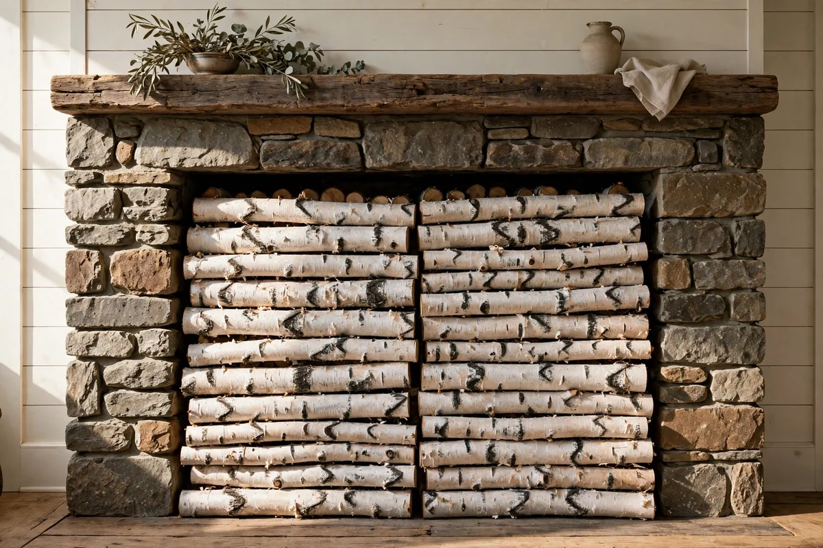 White birch logs stacked inside a non-working farmhouse fireplace