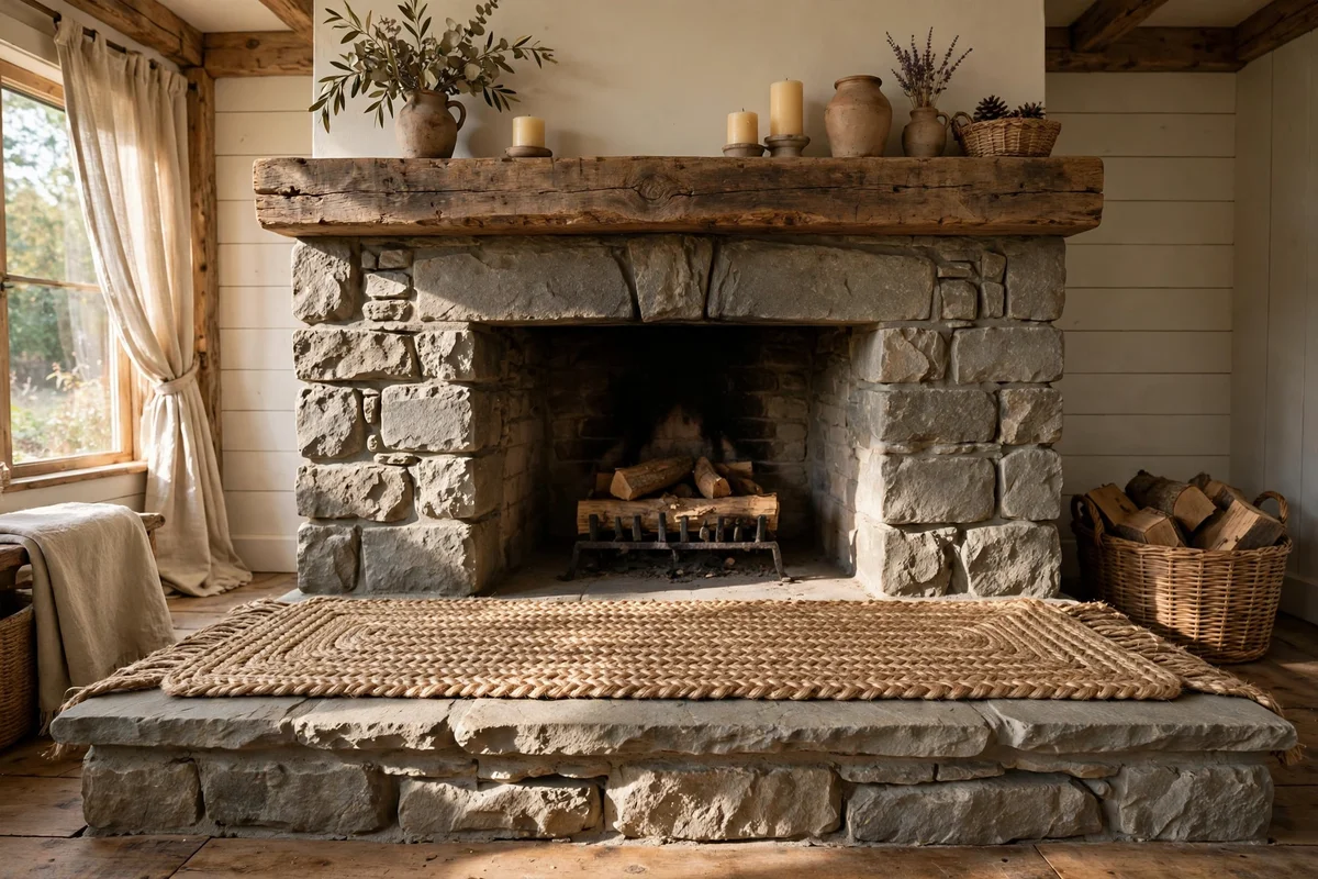Handwoven jute runner layered across a stone fireplace hearth