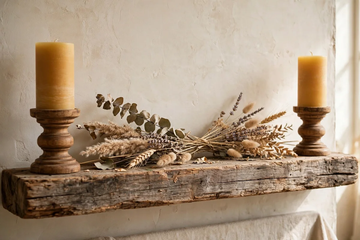 Two plain beeswax candles framing the ends of a timber mantel