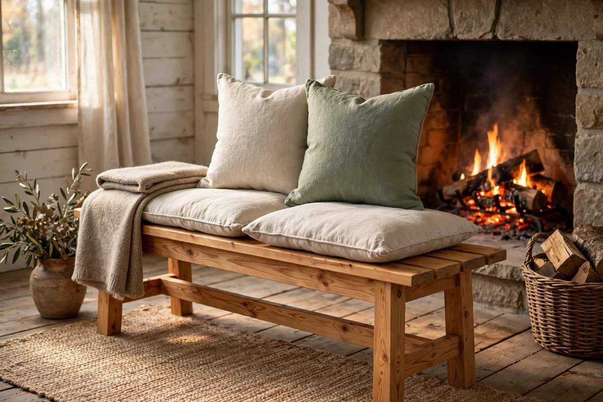Pine fireside bench with linen cushions beside a farmhouse fireplace