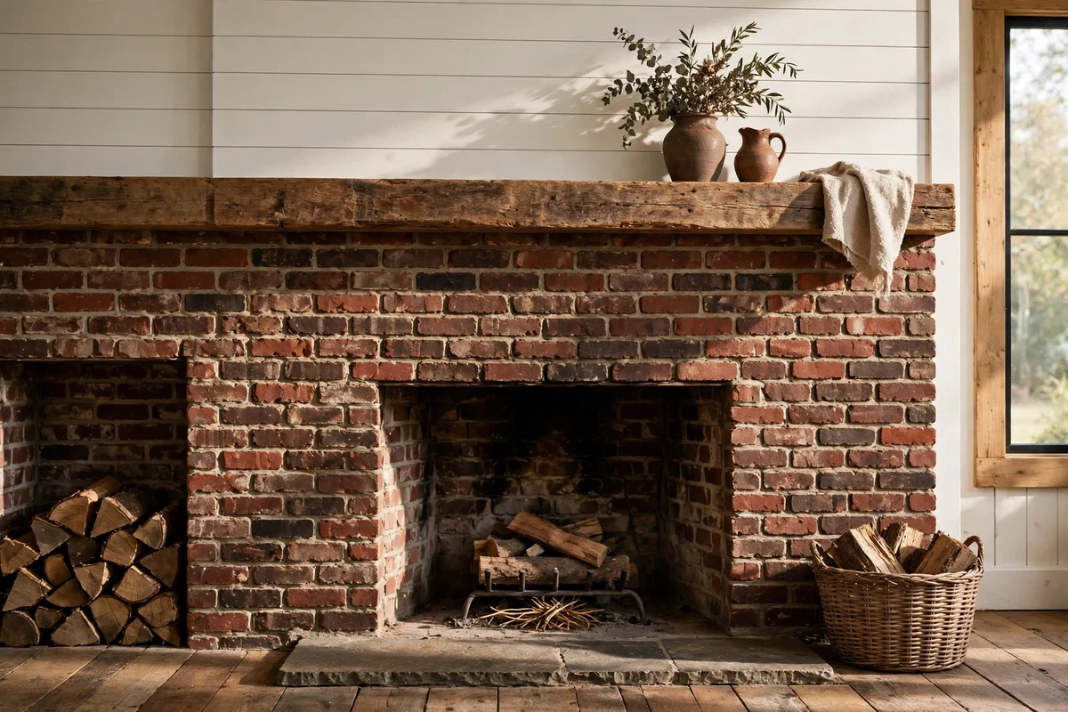 Natural aged brick fireplace left bare with a clear matte sealer