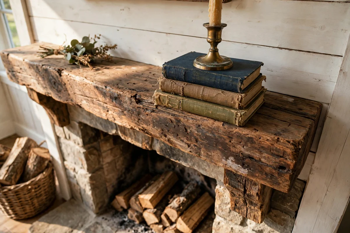 Stack of old books topped with a brass candlestick on the mantel