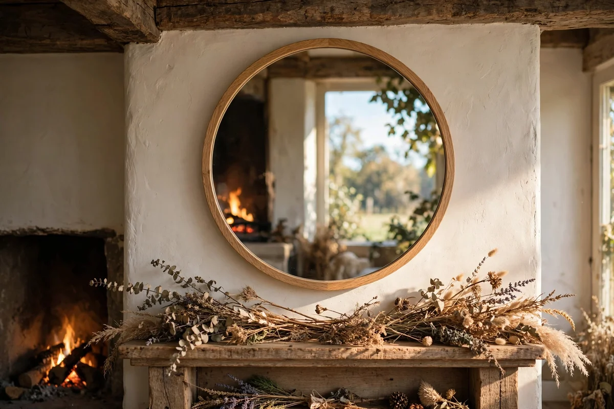 Round oak-framed mirror hung above a low farmhouse mantel shelf